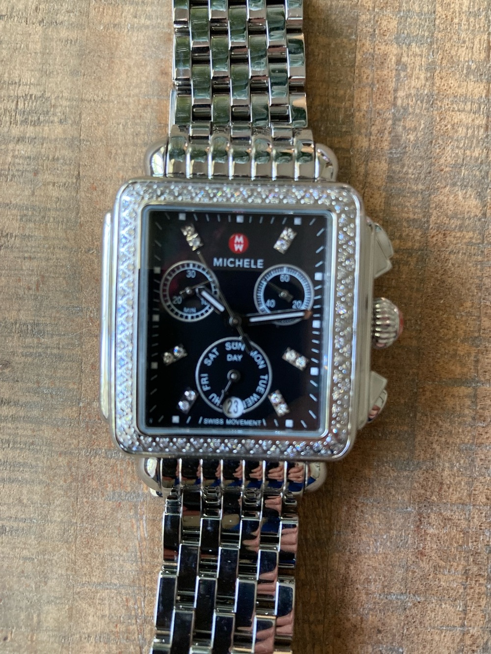 Michele Deco Stainless Steel Watch with Black Dial and Diamond Accent